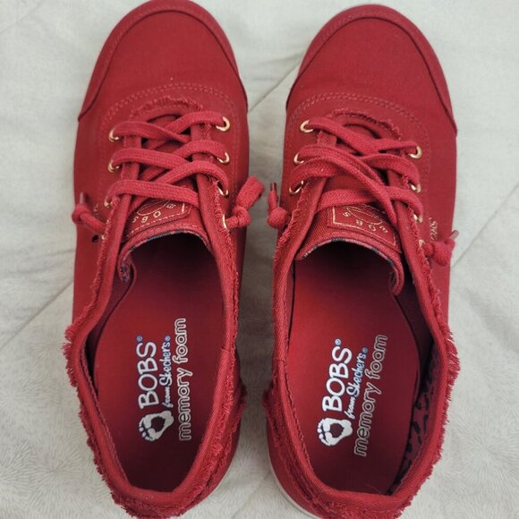Bobs Skechers Memory Foam red canvas slip on lace sneakers gold trim preppy 8 - Picture 5 of 10